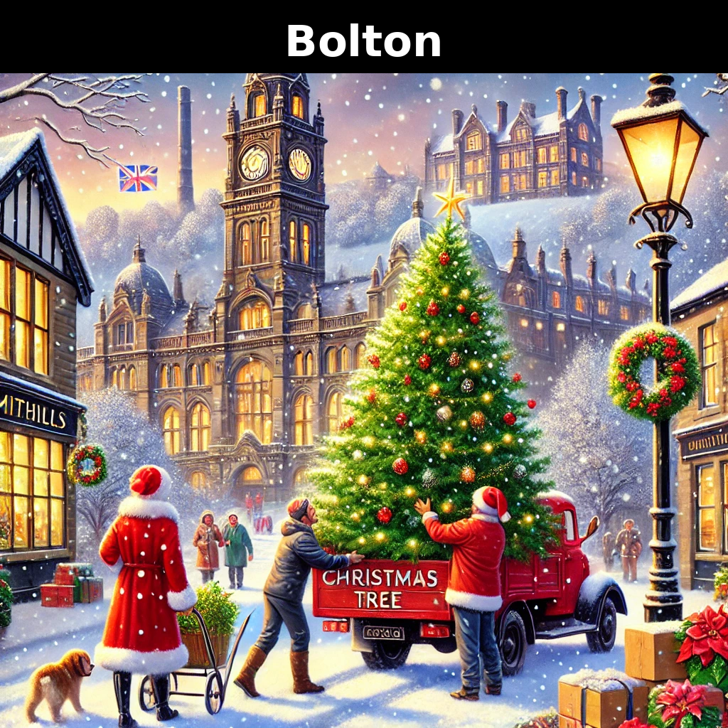 Christmas tree delivery in Bolton, England, with locals on a festive, snowy street and a banner reading 'Bolton' at the top