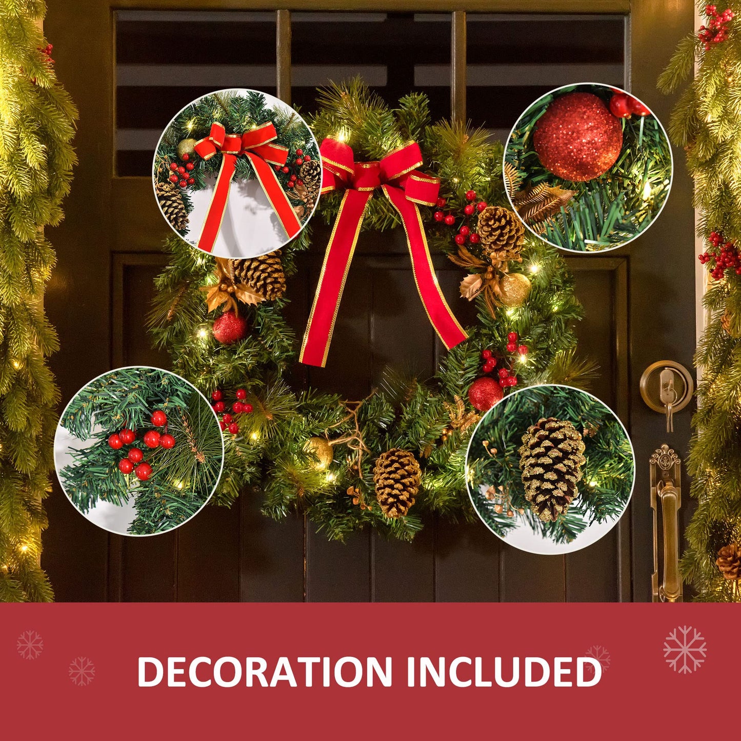 Large 60cm Pre-Lit Artificial Christmas Door Wreath Holly LED Decor Pine Cones Hanging Glittered Festival Indoor Outdoor Decoration