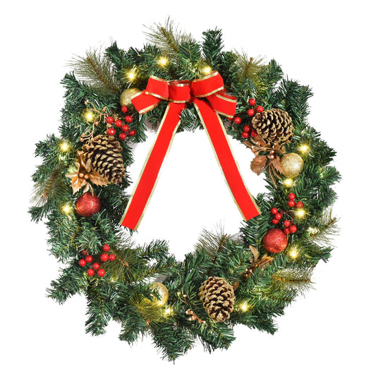 Large 60cm Pre-Lit Artificial Christmas Door Wreath Holly LED Decor Pine Cones Hanging Glittered Festival Indoor Outdoor Decoration