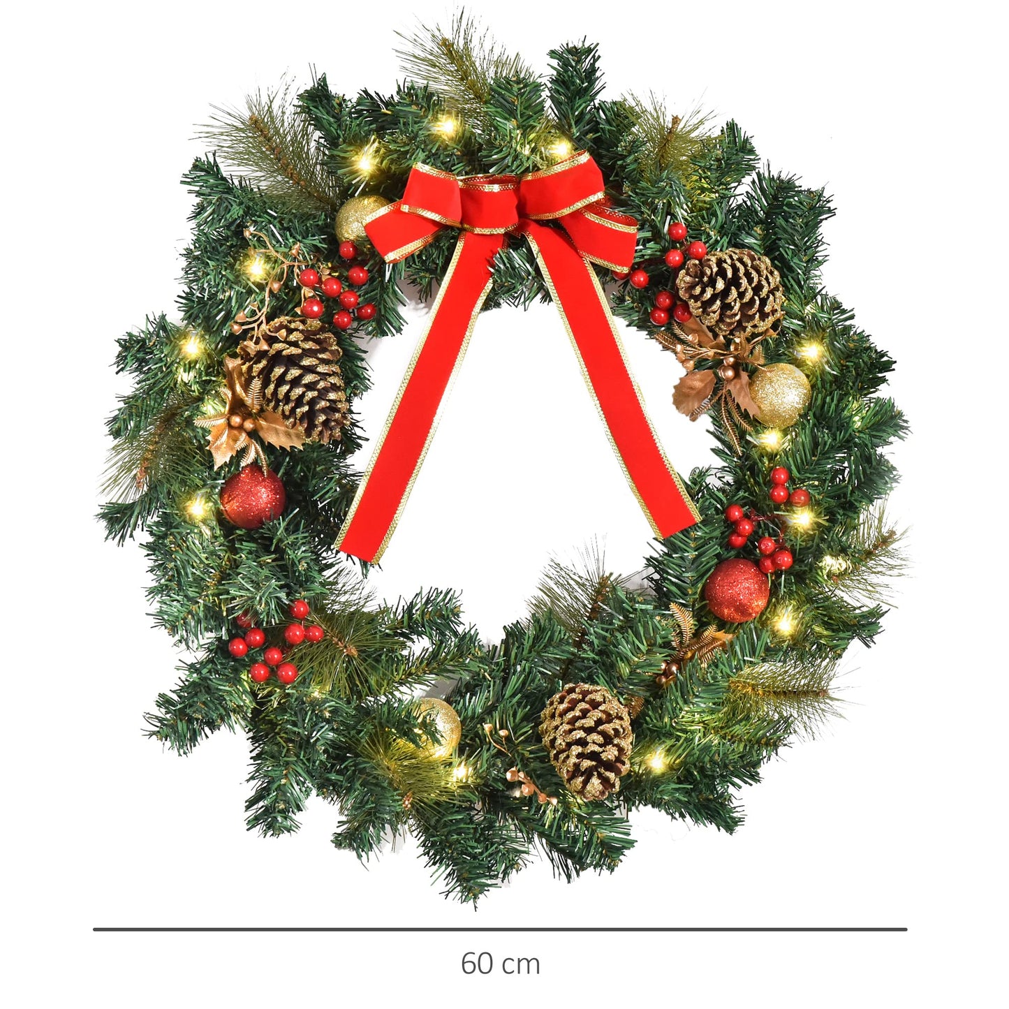 Large 60cm Pre-Lit Artificial Christmas Door Wreath Holly LED Decor Pine Cones Hanging Glittered Festival Indoor Outdoor Decoration