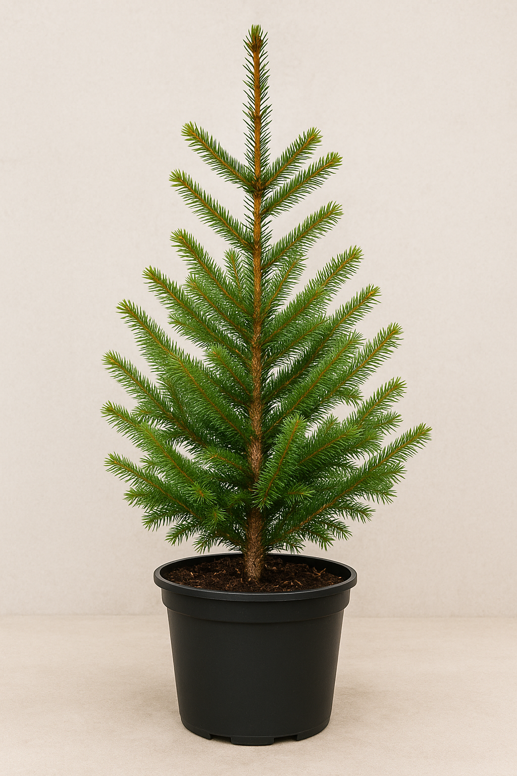 Potted coniferous tree on a plain background