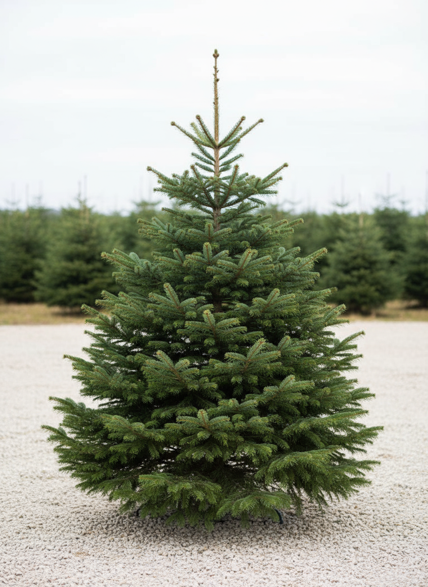 Single Christmas tree on a gravel surface with more trees in the background