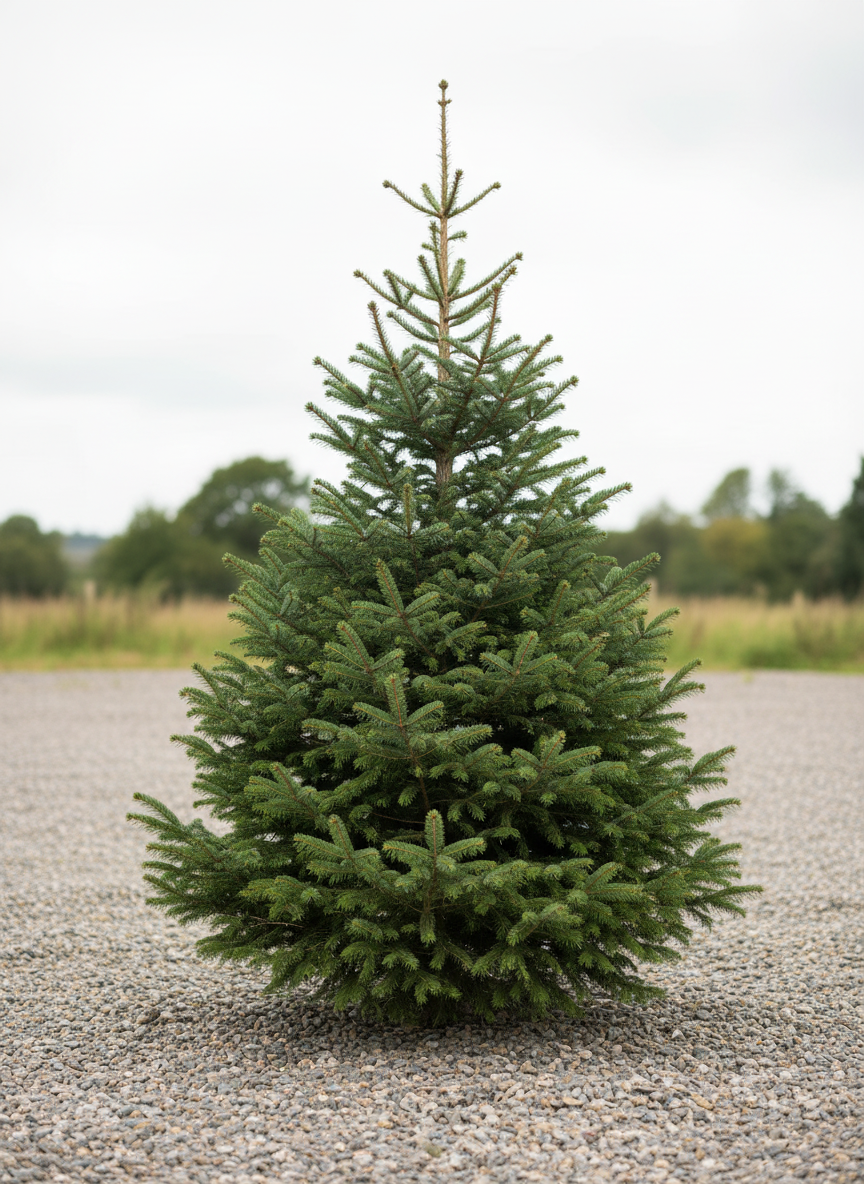 Norwegian Spruce Christmas tree on a gravel surface with a natural background