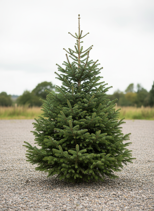Norwegian Spruce Christmas tree on a gravel surface with a natural background