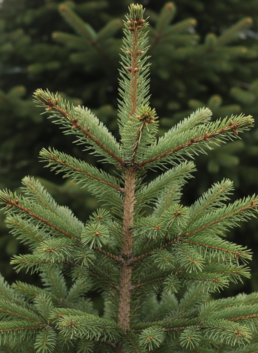 Close-up of a Norwegian Spruce Christmas  tree branch with green needles against a blurred green background