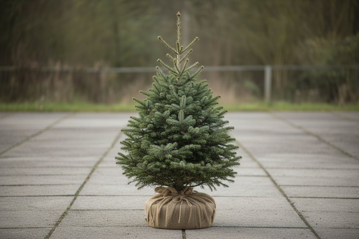 Small evergreen Christmas Nordmann Fir tree wrapped in burlap on a stone pavement