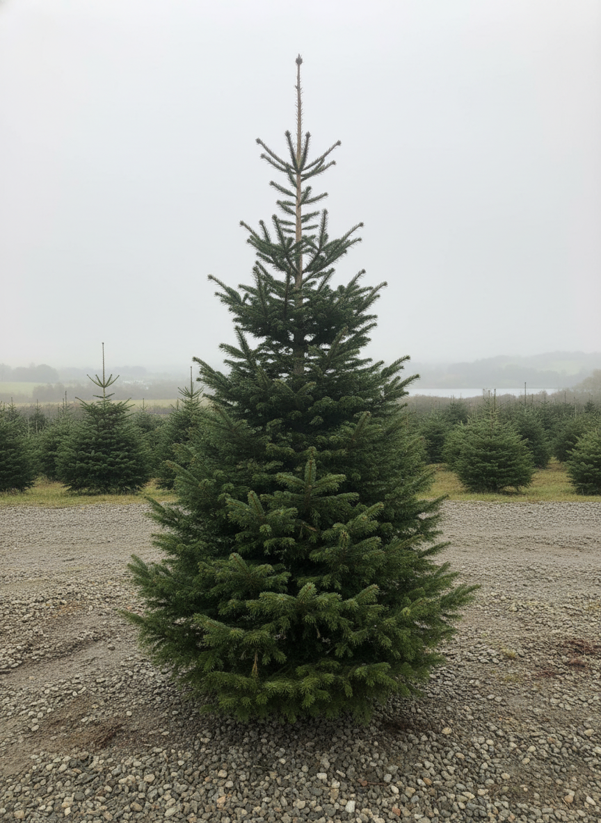 Single 10-12 foot Norwegian Spruce Christmas tree in a field with other trees in the background