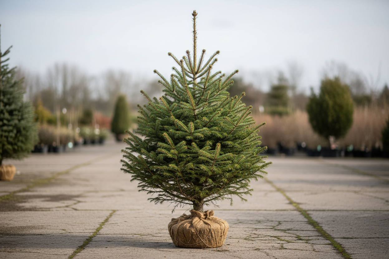 Pot Grown Christmas tree tied with burlap on a paved area with other trees in the background