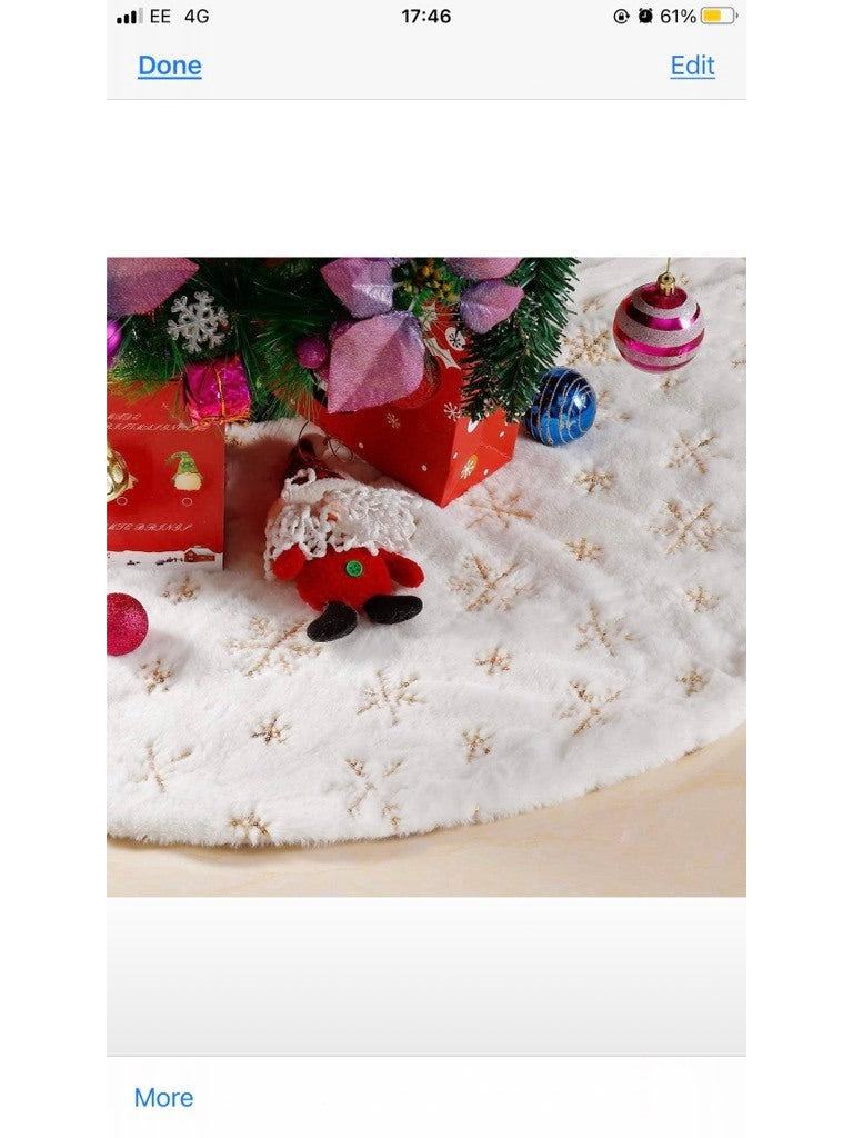 Christmas tree skirts in festive designs, adding a decorative touch to holiday tree displays and concealing tree stands.